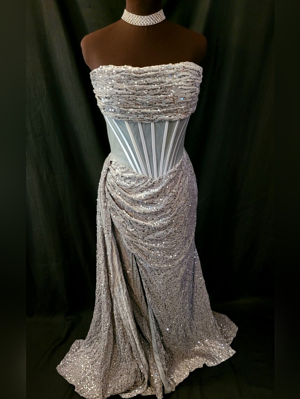 New Sz 14 Strapless Sequin Draped Evening Gown in Silver And Warm Gray